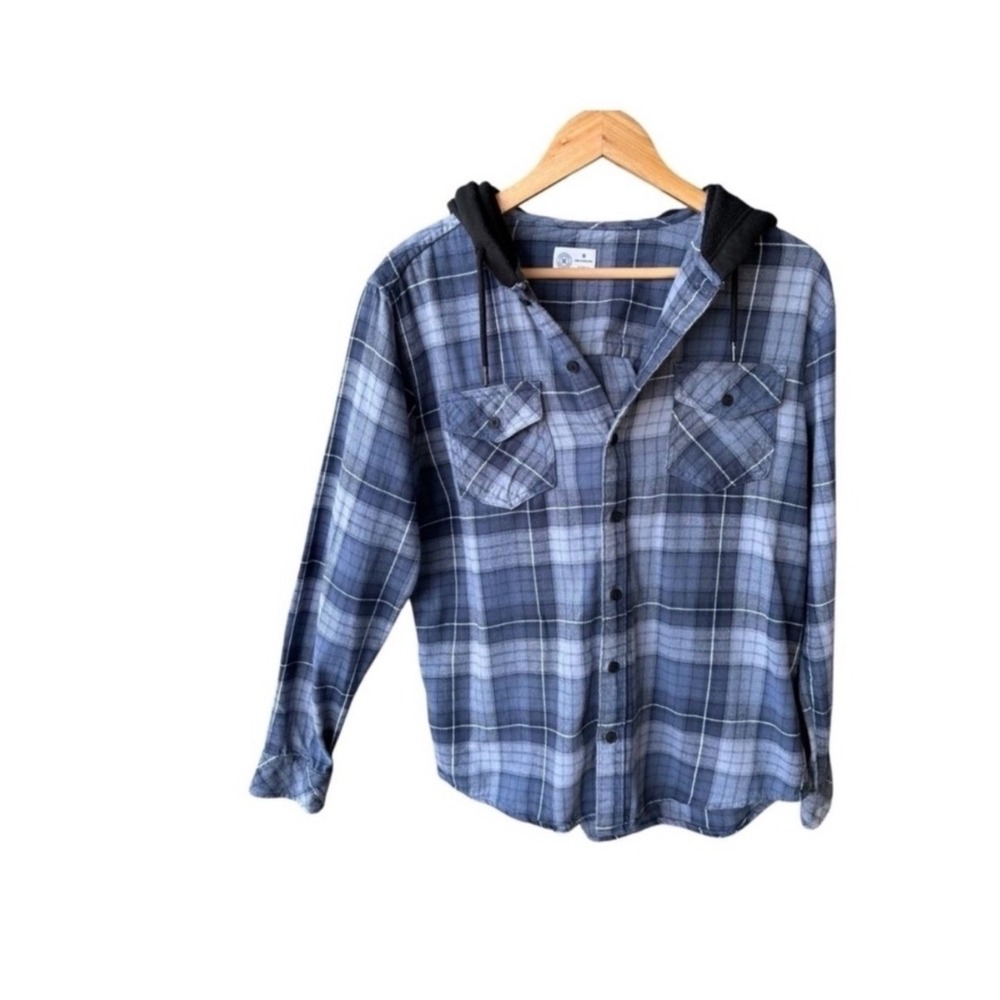 Hurley Flannel Shirt Top Sweater Mens Hooded Blue Grey Plaid Button Up Medium